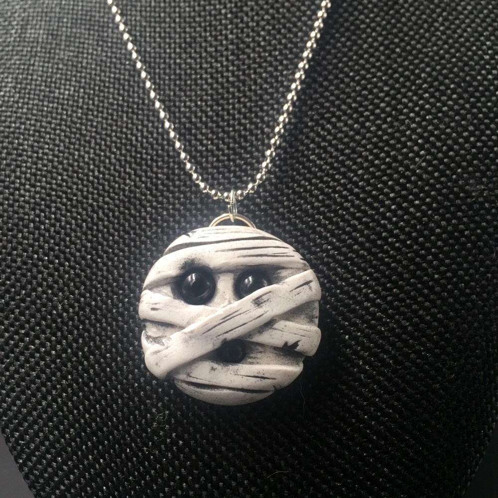 Polymer clay mummy pendant necklace